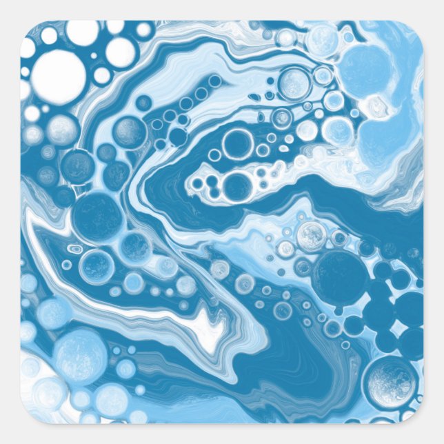  Blue Digital Fluid Art Marble Pour Painting Cells Square Sticker (Front)