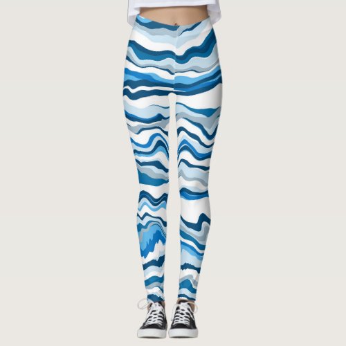  Blue Digital Fluid Art Marble Stripes  Leggings