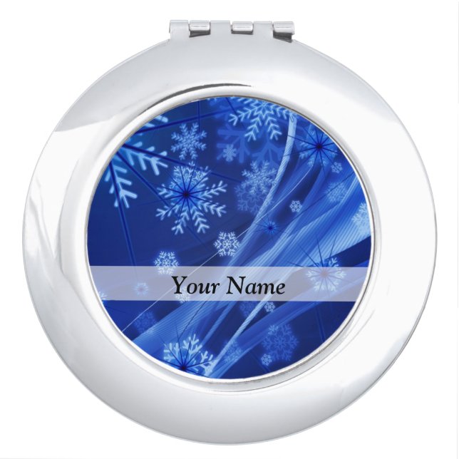 Blue digital snowflake pattern compact mirror (Front)