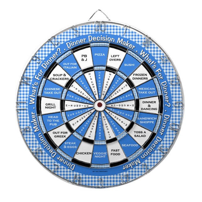 Blue Dinner Decision Maker in Checkered Tablecloth Dartboard With Darts (Front)