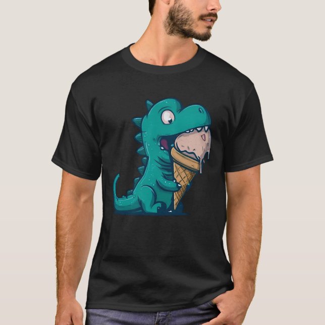 Blue Dino Loves Ice Cream - Funny Cartoon Art T-Shirt (Front)