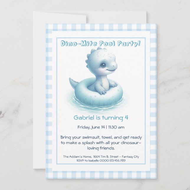 Blue Dino-Mite Birthday Pool Party Invitation (Front)