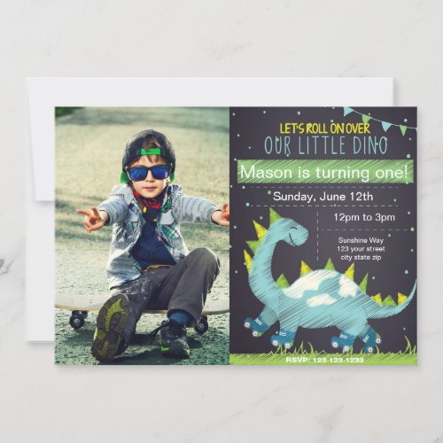 Blue Dino Skate Birthday invitation with Photo