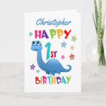 Blue Dinosaur 1st Birthday Card<br><div class="desc">A special 1st birthday card! This bright fun first birthday card features a blue dinosaur, some pretty stars and colorful text. A cute design for someone who will be one year old. Add the 1st birthday child's name to the front of the card to customize it for the special boy...</div>