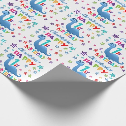 Blue Dinosaur 1st Birthday Wrapping Paper