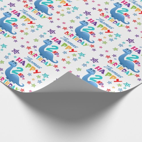 Blue Dinosaur 2nd Birthday Wrapping Paper