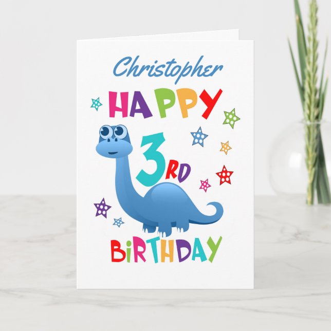 Blue Dinosaur 3rd Birthday Card (Front)