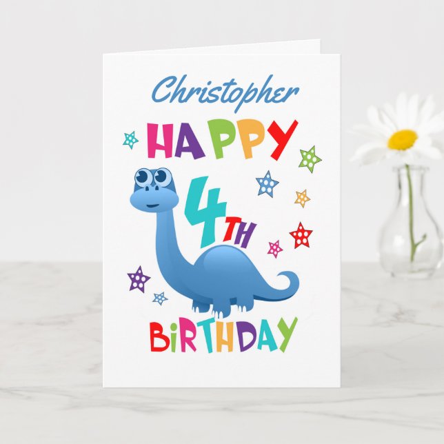 Blue Dinosaur 4th Birthday Card (Small Plant)