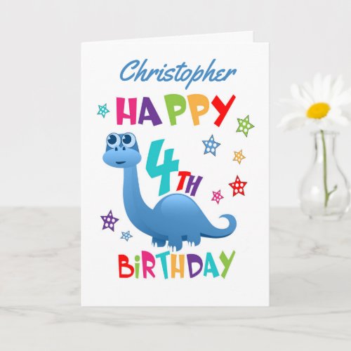 Blue Dinosaur 4th Birthday Card