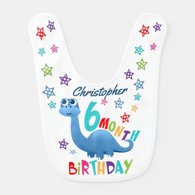 Blue Dinosaur 6 Month Birthday Baby Bib (Front)