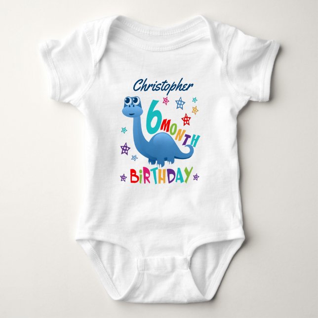 Blue Dinosaur 6 Month Birthday Baby Bodysuit (Front)