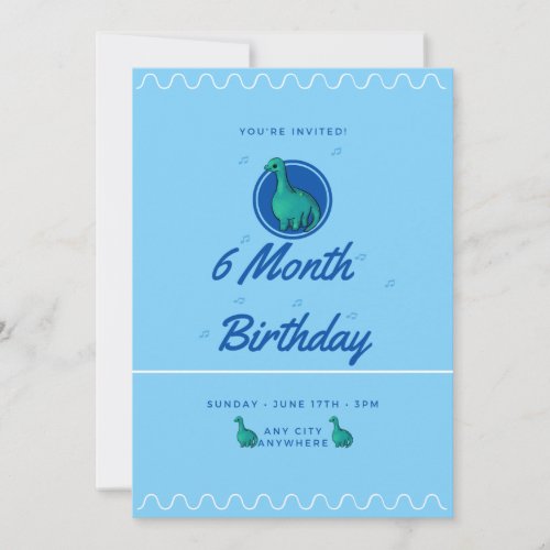 Blue Dinosaur 6 Month Birthday Invitation