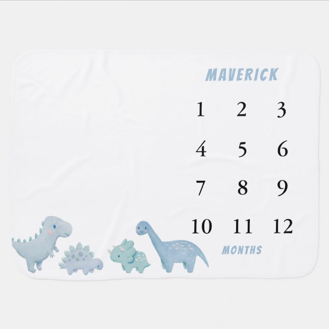 Blue Dinosaur Baby Boy Monthly Milestone  Blanket (Horizontal)