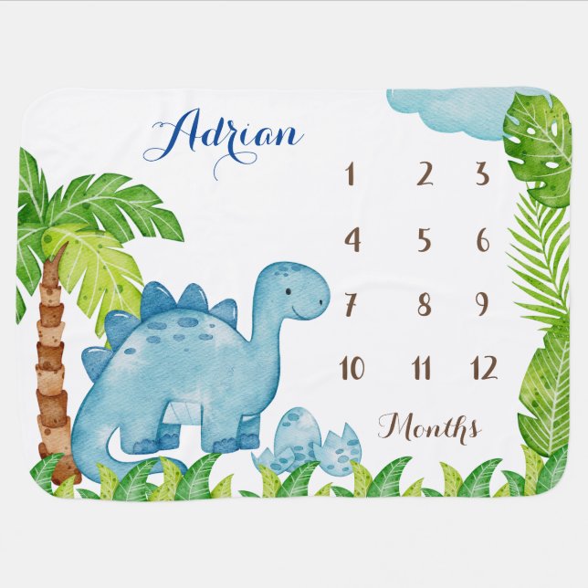 Blue dinosaur baby milestone personalised  blanket (Horizontal)