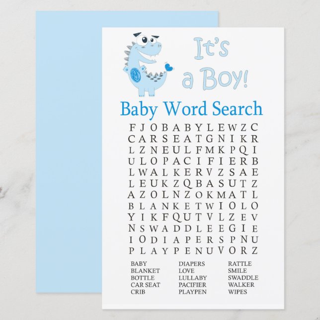 Blue Dinosaur Baby Shower Word Search Game (Front/Back)