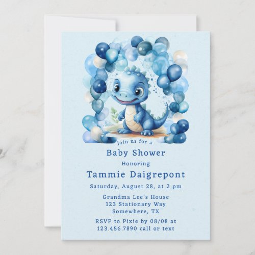 Blue Dinosaur  Balloons Boy Baby Shower Invitation