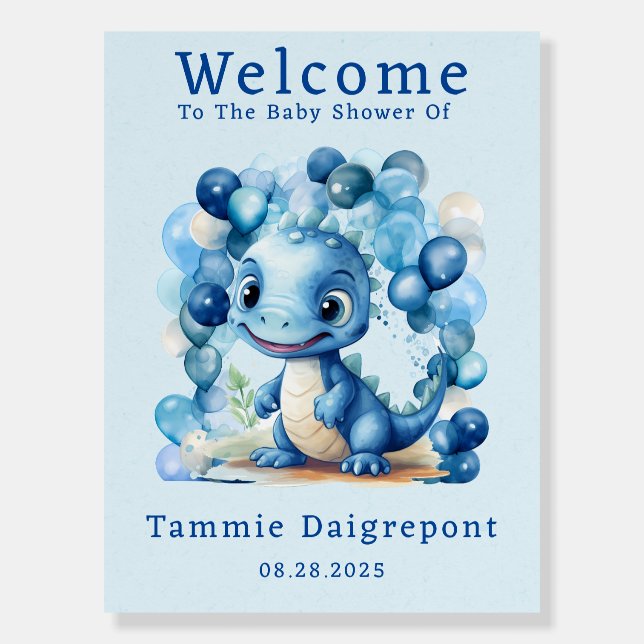 Blue Dinosaur & Balloons Boy Shower Welcome Sign (Front)