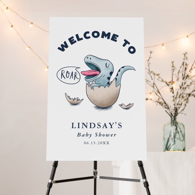 Blue Dinosaur Bear Baby Shower Welcome Sign (In Situ (Stand))
