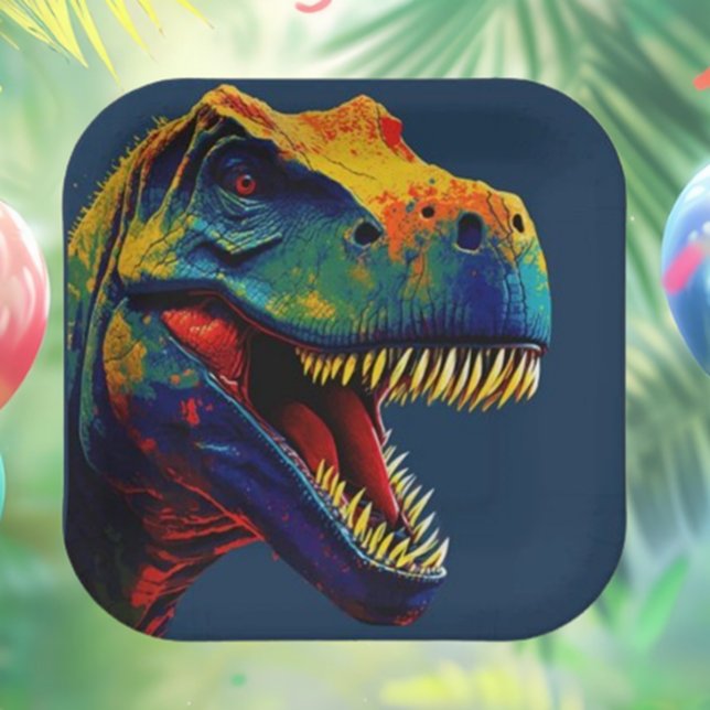  Blue Dinosaur Birthday Paper Plates (This Pop Art Blue Dinosaur  sets a fun, vibrant tone for a memorable celebration. )