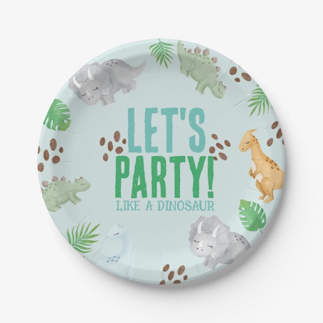 Blue Dinosaur birthday party, kid party dino Paper Plates (Front)
