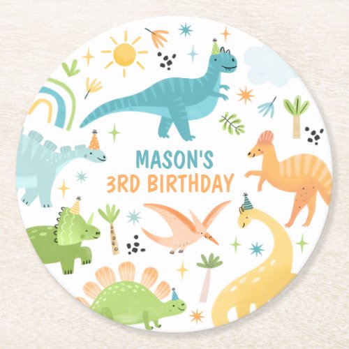 Blue Dinosaur Birthday Party  Round Paper Coaster