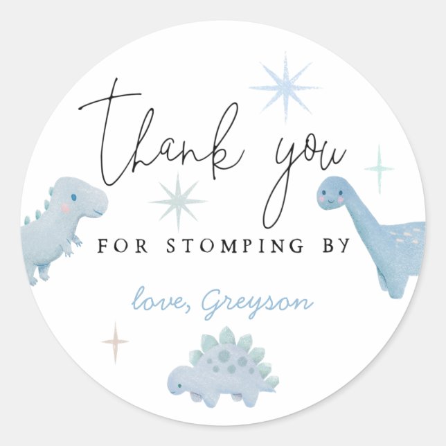 Blue Dinosaur Birthday Stomping By Favor  Classic Round Sticker (Front)