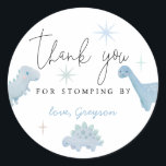 Blue Dinosaur Birthday Stomping By Favor  Classic Round Sticker<br><div class="desc">Cute boy's birthday party favor sticker featuring illustration of dinosaurs with stars. The text says "thank you for stomping by."</div>