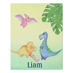 Blue Dinosaur Boy's Name Nursery Watercolor Nifty Faux Canvas Print