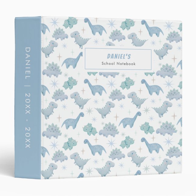 Blue Dinosaur Boy's School Notebook 3 Ring Binder (Front/Spine)