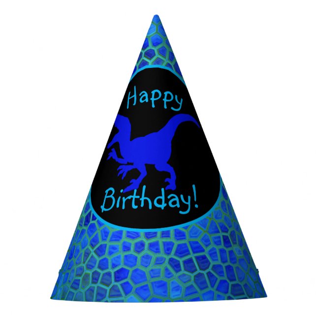 Blue Dinosaur Hide Happy Birthday!  Party Hat (Front)