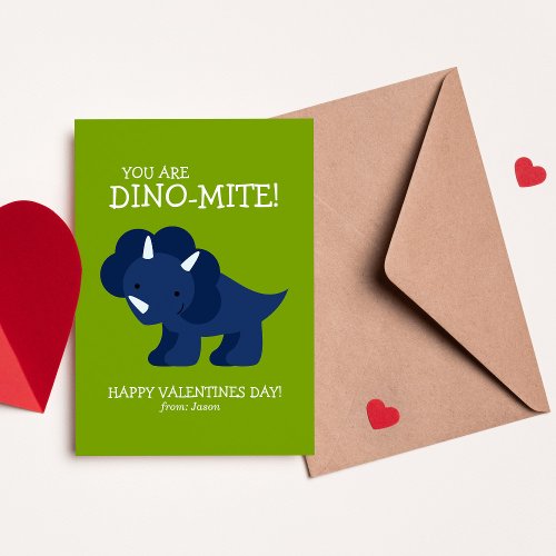 Blue Dinosaur Kids School Valentines Note Card