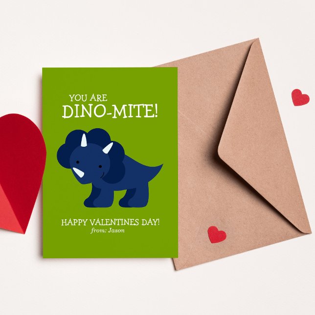 Blue Dinosaur Kids School Valentines Note Card (Creator Uploaded)