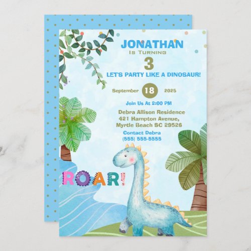  Blue Dinosaur Kids T Rex Birthday Party Invitation