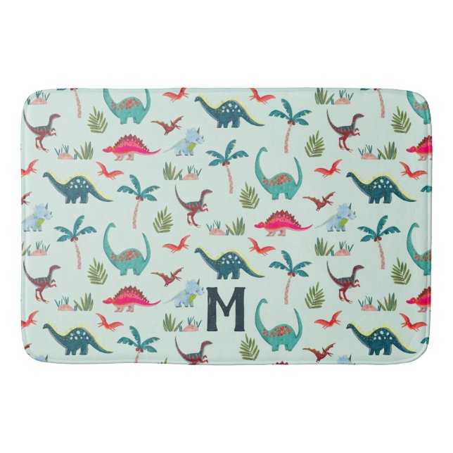 Blue Dinosaur Monogram Kids Bathroom Bath Mat (Front)