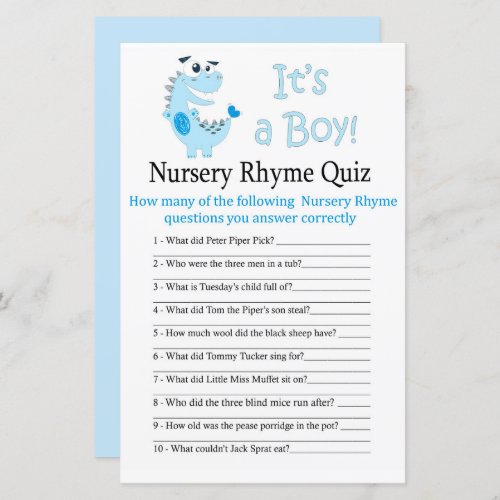 Blue Dinosaur Nursery Rhyme Quiz baby shower game