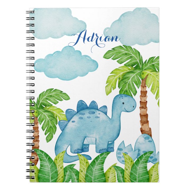 Blue dinosaur personalised boy name notebook (Front)
