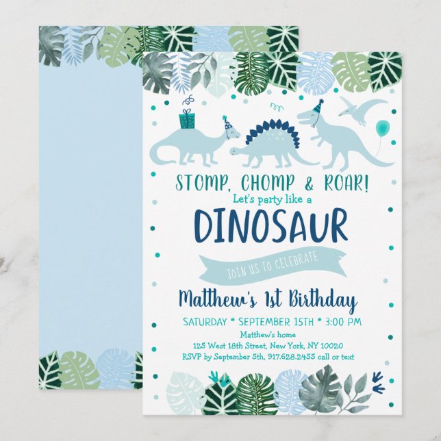 Blue Dinosaur Safari Birthday Invitation (Front/Back)