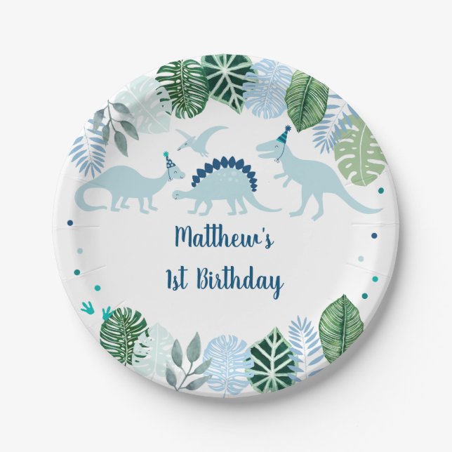 Blue Dinosaur Safari Birthday Paper Plates (Front)