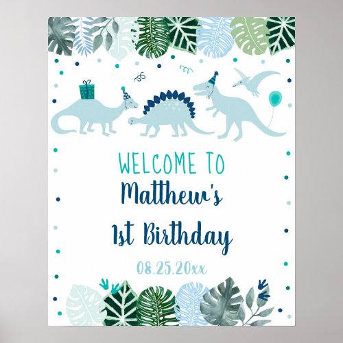 Blue Dinosaur Safari Birthday Welcome Poster