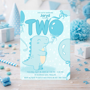 Blue Dinosaur Second Birthday Invitation