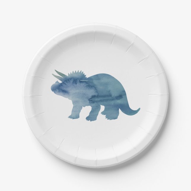 Blue Dinosaur Silhouette Triceratops Paper Plate (Front)