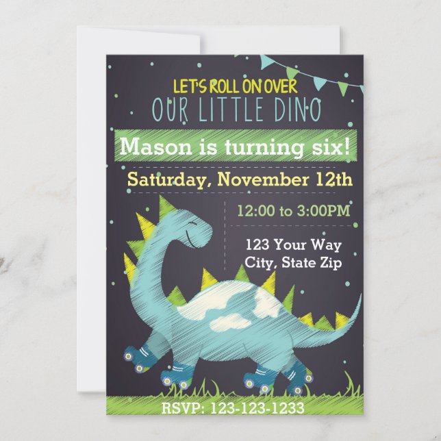 Blue Dinosaur Skate Birthday Invitation (Front)