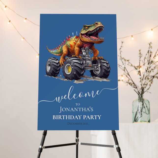 Blue Dinosaur T-Rex Monster Truck, Backdrop Foam Board (In Situ (Stand))