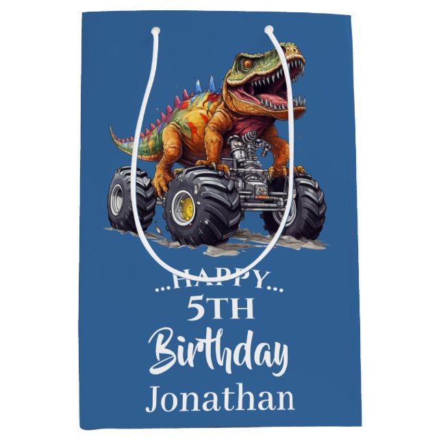 Blue Dinosaur T-Rex Monster Truck, Medium Gift Bag (Front)