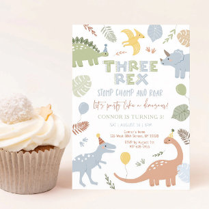 Blue Dinosaur Third Birthday Invitation