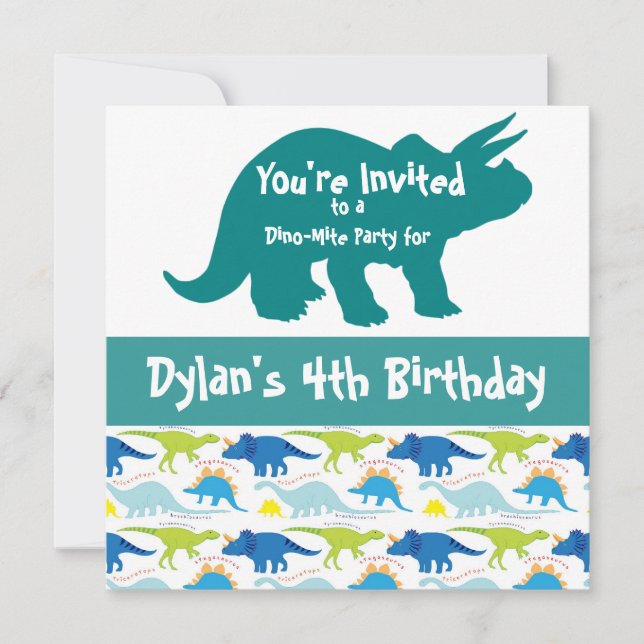 Blue Dinosaur Triceratops Birthday Invitations (Front)