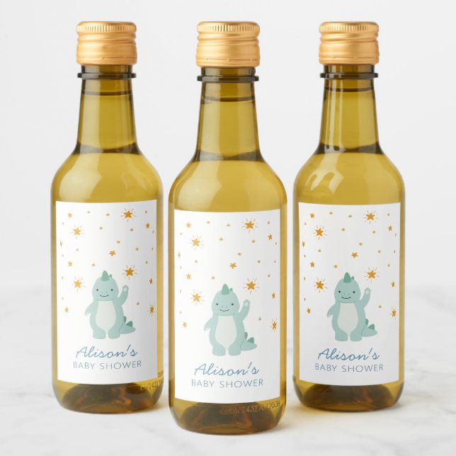 Blue Dinosaur Twinkle Star Baby Shower Boy Mini Wine Label (Bottles)