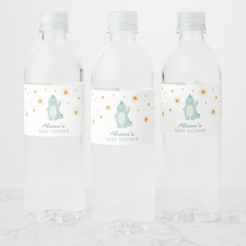 Blue Dinosaur Twinkle Stars Baby Boy Shower Water Bottle Label