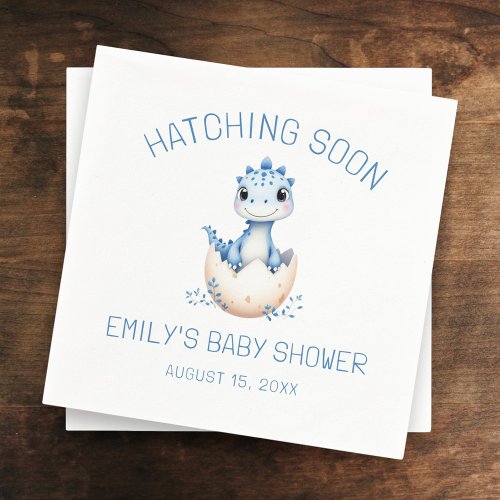 Blue Dinosaur Watercolor Hatching Soon Baby Shower Napkins by Pretty Girly Designs