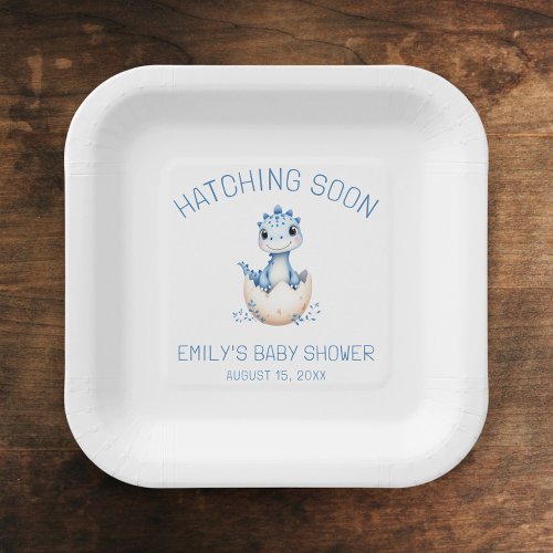 Blue Dinosaur Watercolor Hatching Soon Baby Shower Paper Plates by Pretty Girly Designs